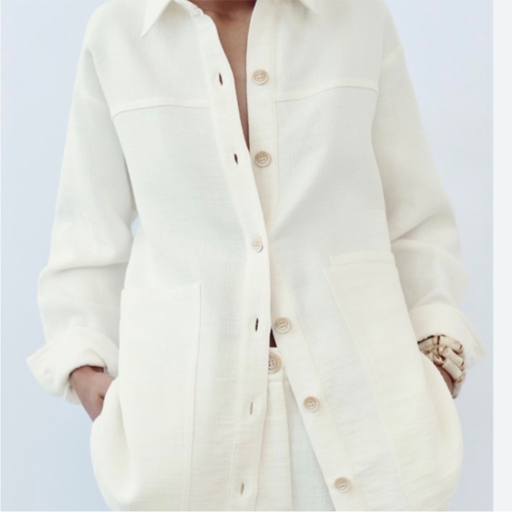 Zara Cream Button-Up Shirt Jacket